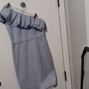 J. Crew Blue and White Striped One-Shoulder Ruffle Dress